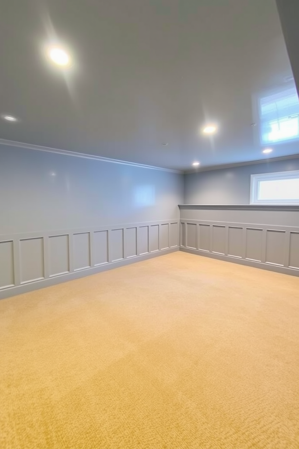 A serene basement setting with a light blue ceiling that reflects warm lighting throughout the space. The walls are adorned with soft gray paneling, and the floor features a plush beige carpet for added comfort.