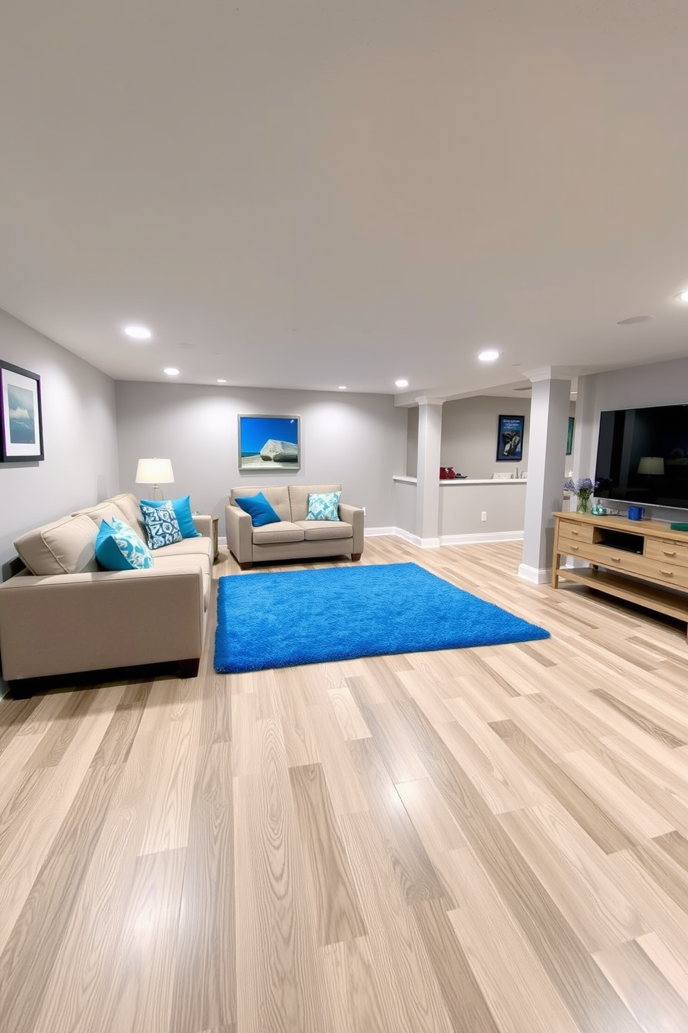 A serene basement space featuring sky blue curtains that allow natural light to filter in gently. The walls are painted in a soft gray, complementing the light wood flooring, and cozy seating arrangements are placed strategically for relaxation. Incorporate modern furniture with clean lines and a minimalist aesthetic, accented by vibrant artwork on the walls. Add a small bar area with stylish stools to create an inviting atmosphere for entertaining guests.