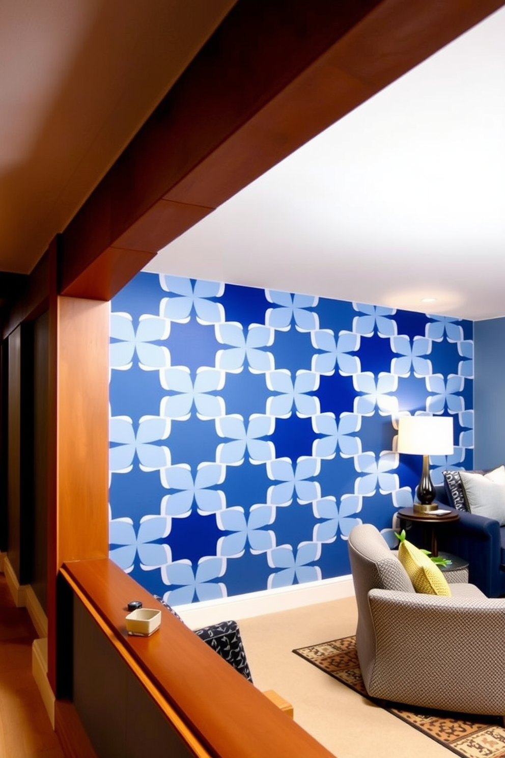 Accent wall with geometric blue patterns. The wall features a series of bold, interlocking shapes in varying shades of blue, creating a dynamic focal point in the room. Blue basement design ideas. The space is transformed with soft blue walls, cozy seating arrangements, and ambient lighting that enhances the inviting atmosphere.