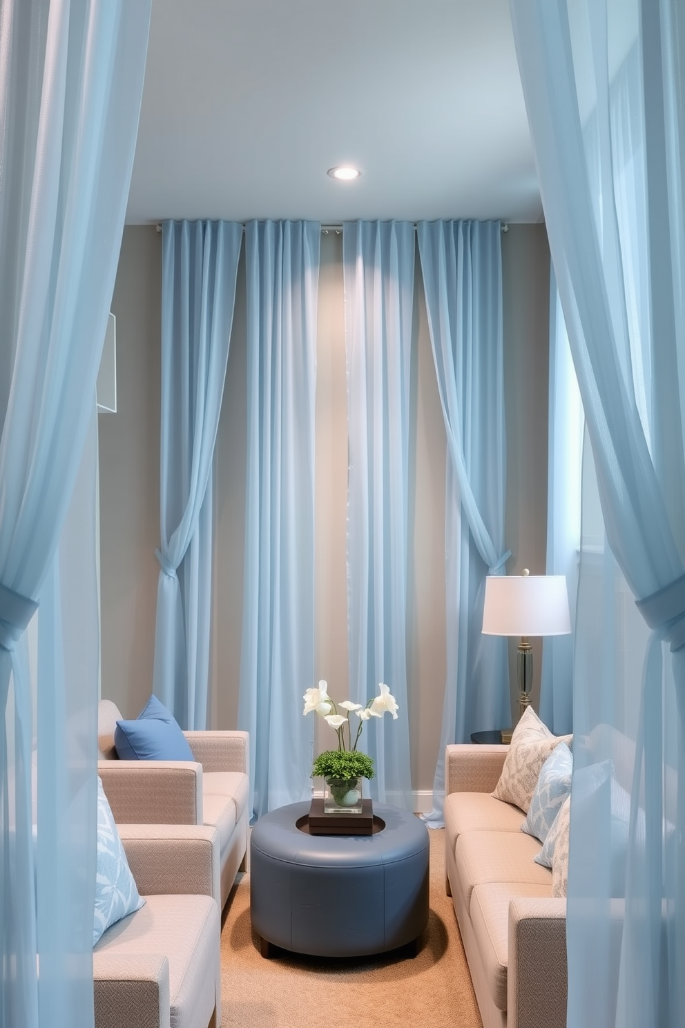 A serene basement design featuring soft blue curtains that cascade gently from the ceiling to create an airy feel. The walls are painted in a light gray tone, complemented by plush seating in neutral fabrics and subtle blue accents throughout the space.