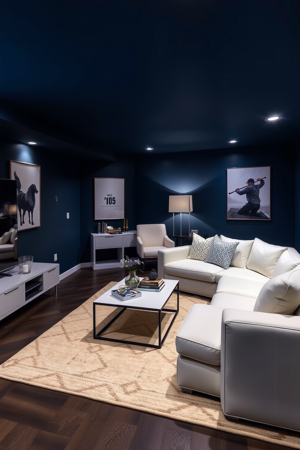 A stylish basement retreat featuring dark blue walls that create a cozy atmosphere. The room is furnished with sleek white furniture, including a plush sectional sofa and a minimalist coffee table. Soft ambient lighting highlights the rich blue tones while enhancing the modern decor. A large area rug in neutral tones anchors the space, adding warmth and texture.