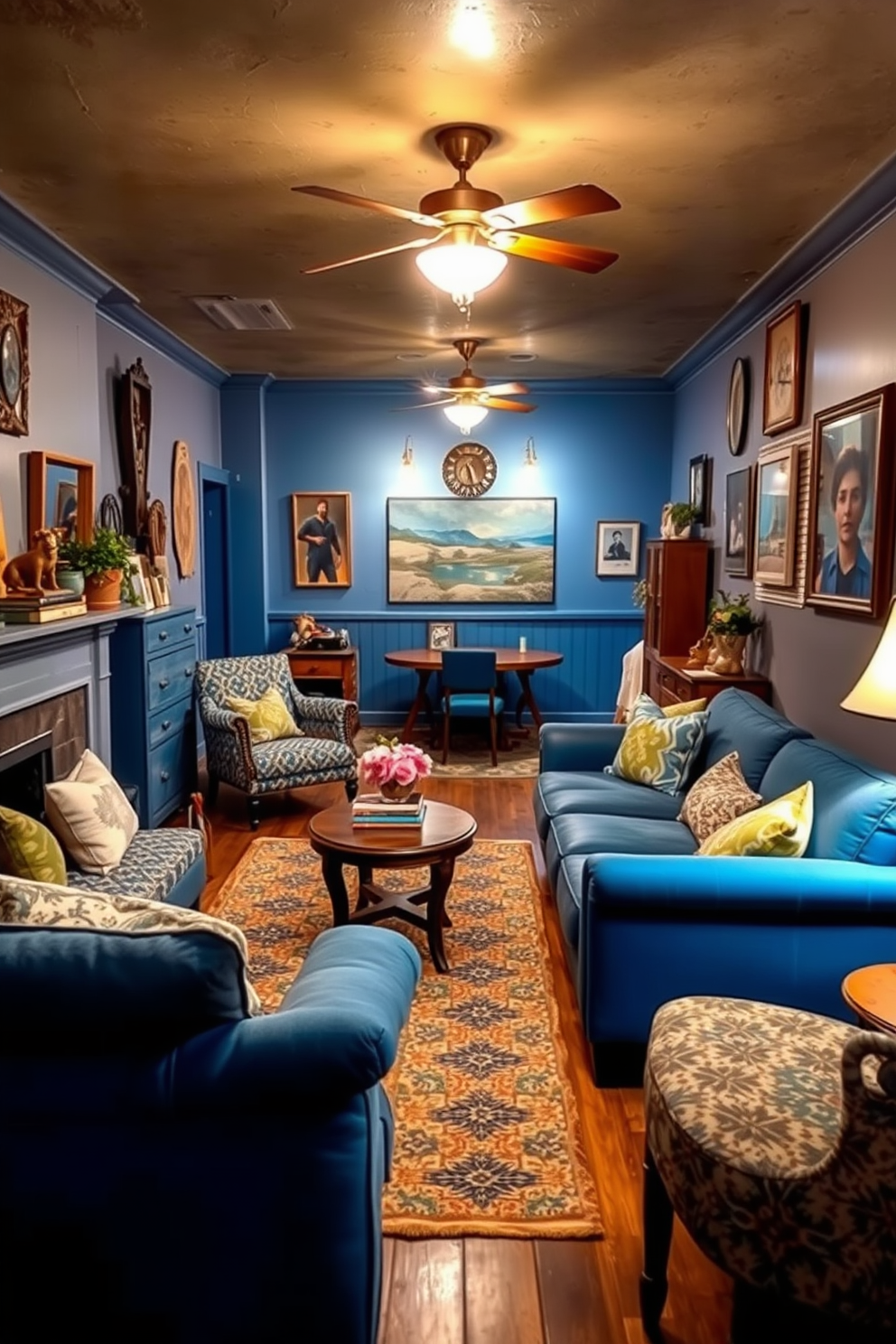 A cozy eclectic living space featuring vintage blue furniture that adds character and charm. The room is adorned with a mix of patterns and textures, creating a warm and inviting atmosphere. A stylish blue basement designed for relaxation and entertainment. The space includes comfortable seating, ambient lighting, and unique decor elements that reflect personal style.