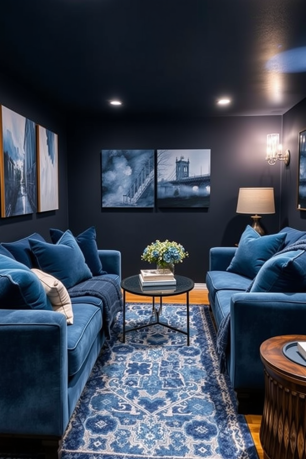 A cozy basement retreat featuring layered blue textiles that create a warm and inviting atmosphere. Plush blue sofas are adorned with various shades of blue throw pillows, and soft blue blankets are draped over the armrests. The walls are painted a deep navy, providing a striking contrast to the lighter blue furnishings. A stylish area rug with intricate patterns in blue tones anchors the seating area, while ambient lighting creates a soothing ambiance.