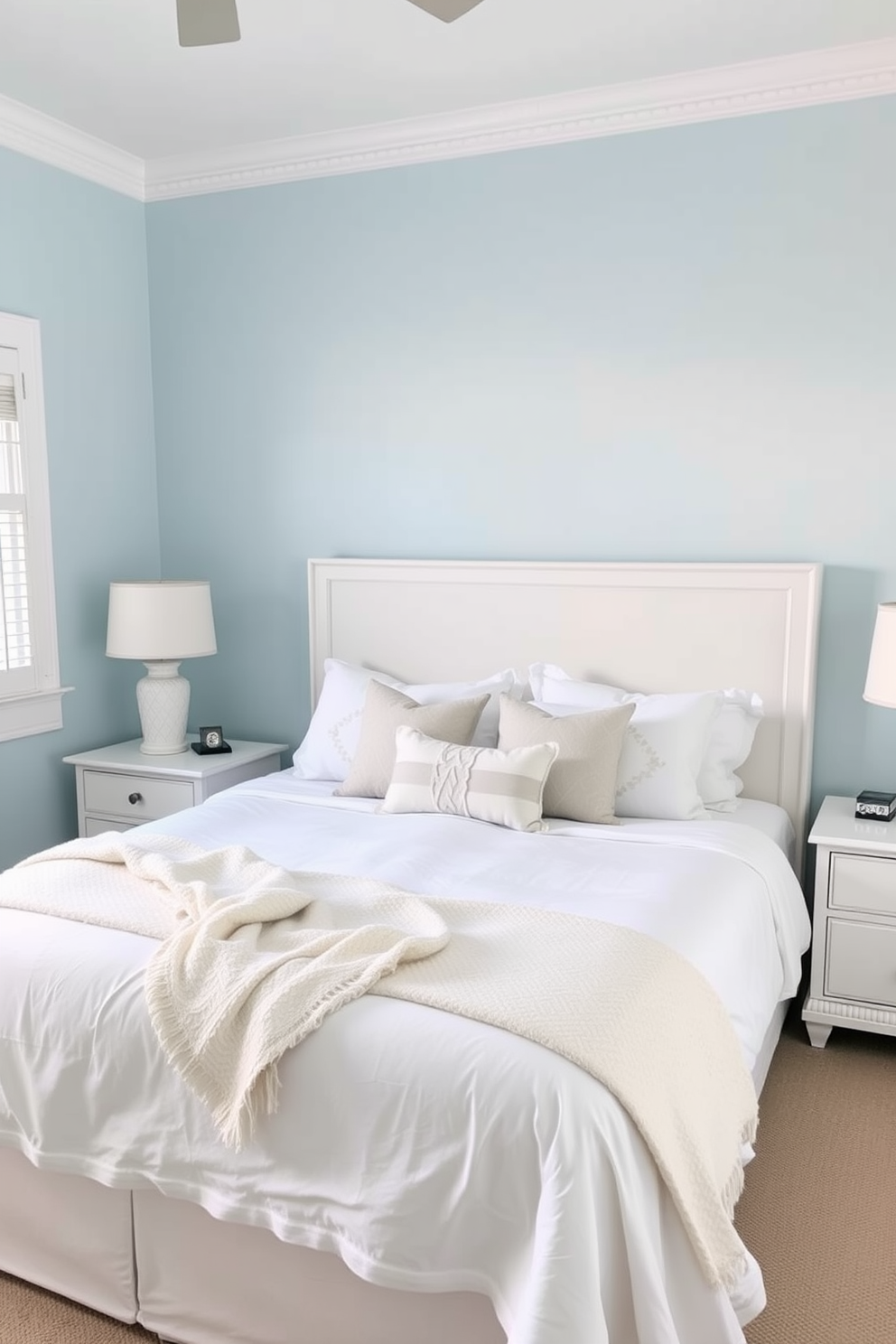 A serene blue bedroom featuring a navy blue accent wall complemented by crisp white trim. The space includes a plush king-sized bed adorned with soft white linens and navy blue throw pillows, creating a cozy yet elegant atmosphere.