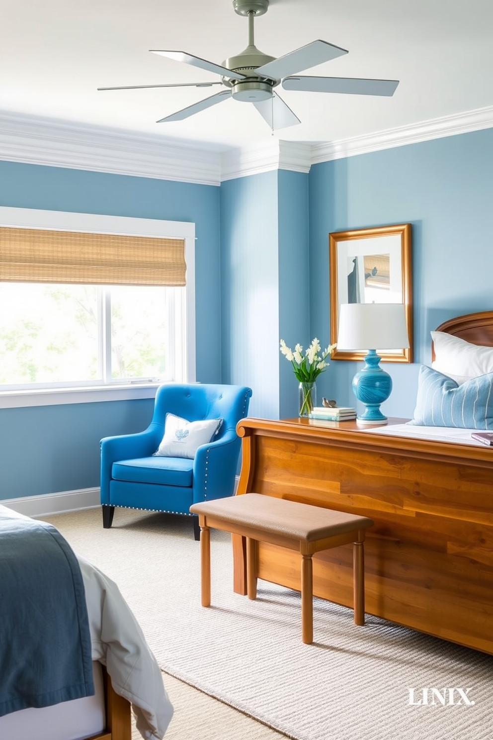 A serene blue bedroom designed for tranquility features a cerulean blue accent chair positioned near a large window. The walls are painted in soft shades of blue, complemented by white bedding and natural wood furniture.