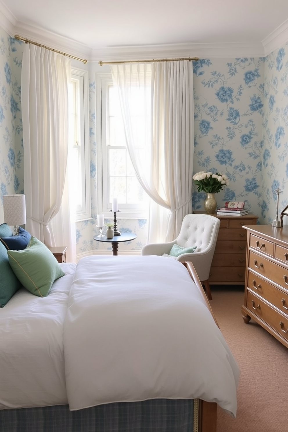 A serene bedroom space featuring soft blue floral patterns on the walls that create a refreshing atmosphere. The bed is adorned with plush white linens and a mix of blue and green throw pillows, complemented by a light wood headboard. Natural light floods the room through sheer white curtains, highlighting a cozy reading nook with a comfortable armchair and a small side table. A vintage dresser with elegant brass handles sits against one wall, adorned with a few decorative items and a fresh bouquet of flowers.