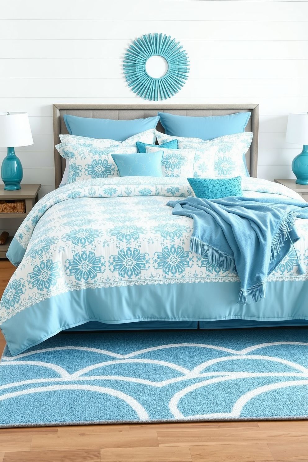 A serene bedroom setting with aqua blue accessories that evoke a beachy vibe. The walls are painted in a soft white, and the bedding features various shades of blue with nautical patterns. A stylish area rug with a wave design complements the decor. Decorative pillows in different textures and hues of blue add depth and comfort to the space.