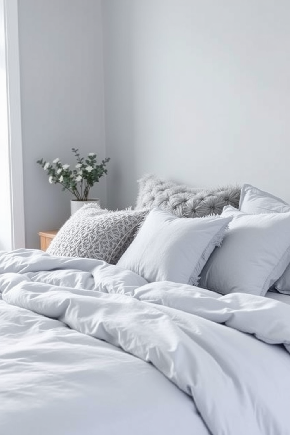 A serene bedroom featuring soft blue bedding layered with plush gray accents. The walls are painted in a light gray hue, creating a calming backdrop for the cozy atmosphere.