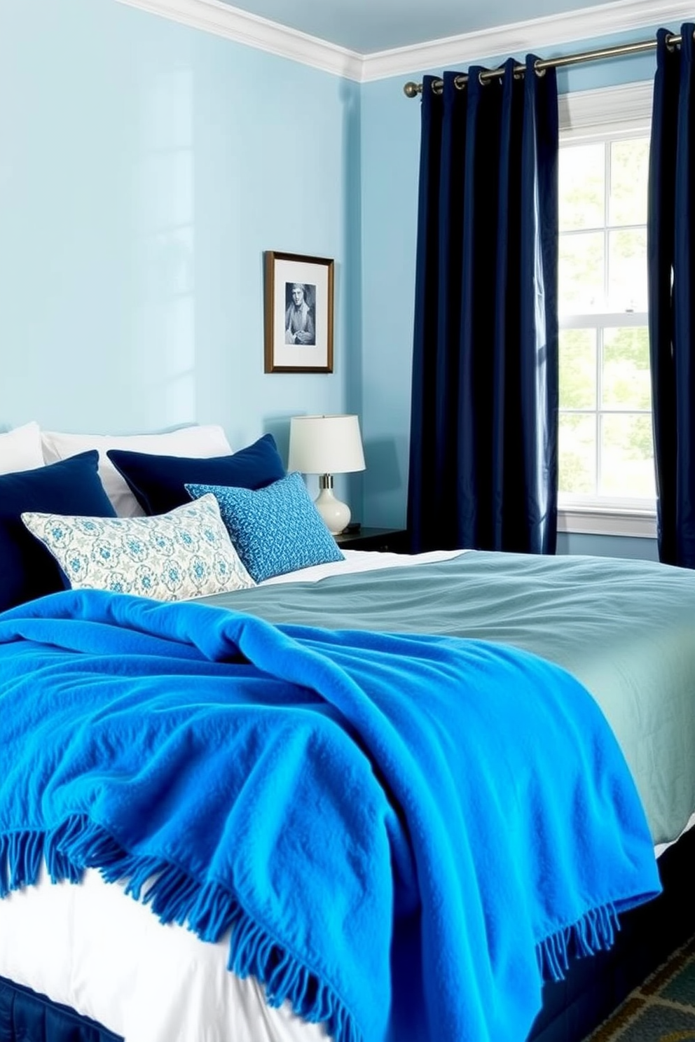 A cozy blue bedroom featuring bright blue throw blankets draped over a plush bed. The walls are painted in a soft light blue, complemented by navy accents in the bedding and curtains.