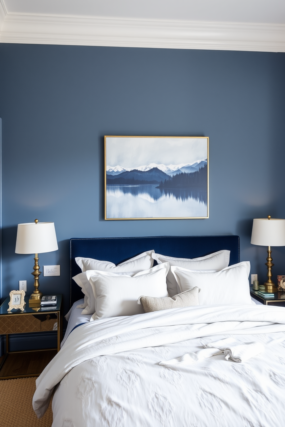 A serene blue bedroom featuring muted indigo wall art that adds a touch of sophistication to the space. The bed is dressed in luxurious linens with a mix of soft textures, complemented by elegant bedside lamps that provide warm lighting.