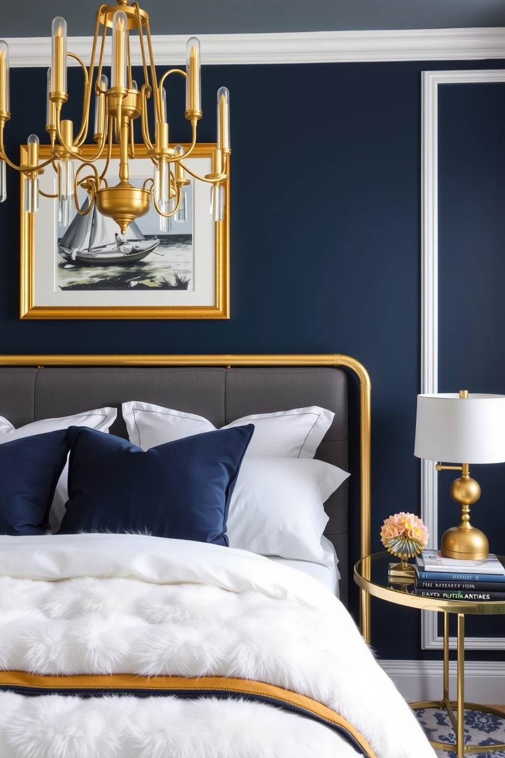 A navy blue accent wall serves as the backdrop for a luxurious bedroom. Gold decor elements, including a statement chandelier and framed artwork, add a touch of elegance and sophistication to the space. The bedding features plush textures in white and gold tones, complemented by navy blue throw pillows. A stylish gold bedside table holds a decorative lamp and a stack of books, enhancing the overall aesthetic of the room.