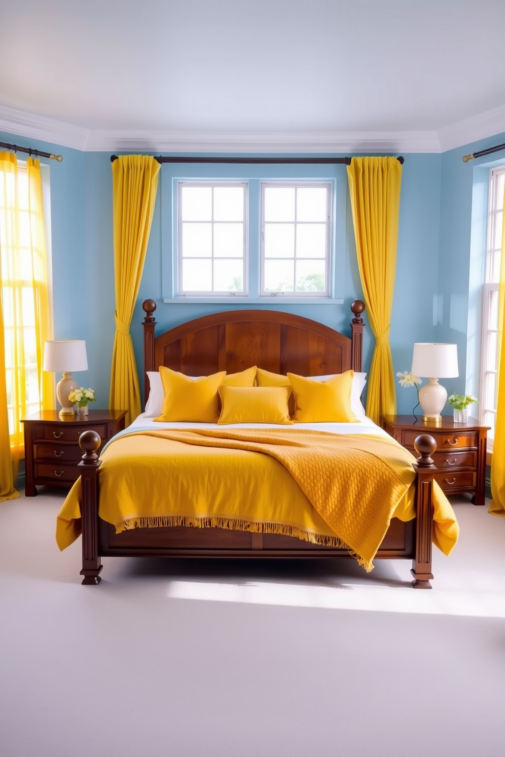 A bright and cheerful blue bedroom featuring light blue walls that create a serene atmosphere. The bedding incorporates vibrant yellow accents with plush pillows and a cozy throw blanket to enhance the joyful color scheme. A stylish wooden bed frame serves as the centerpiece, complemented by matching nightstands on either side. Large windows allow natural light to flood the room, showcasing sheer yellow curtains that flutter gently in the breeze.