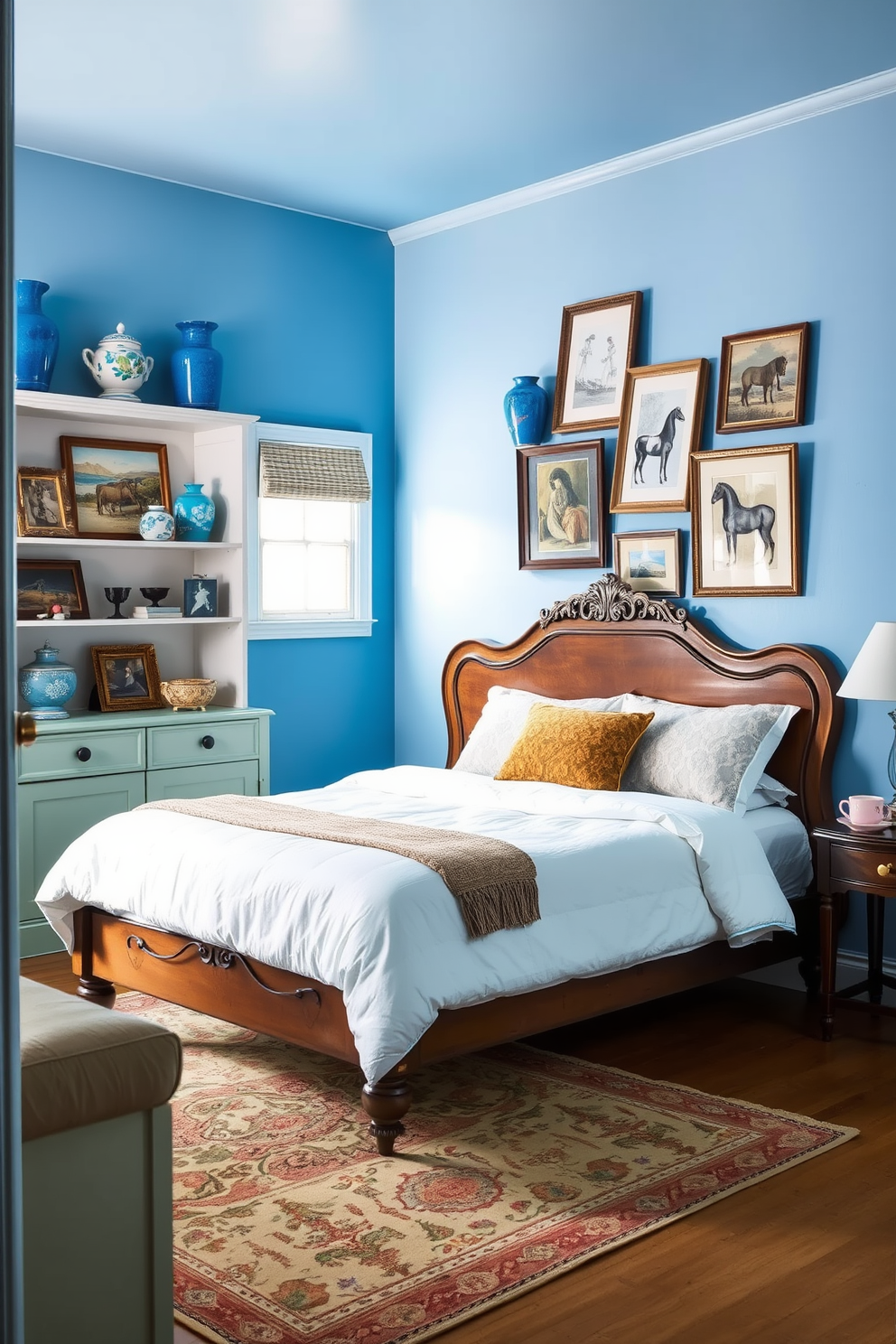 A serene blue bedroom featuring rich navy bedding adorned with metallic accents that catch the light. The walls are painted in a soft complementary hue, creating a tranquil atmosphere perfect for relaxation. A stylish bedside table holds a sleek lamp with a metallic finish, providing warm illumination. Plush throw pillows in various textures add depth and comfort to the overall design.