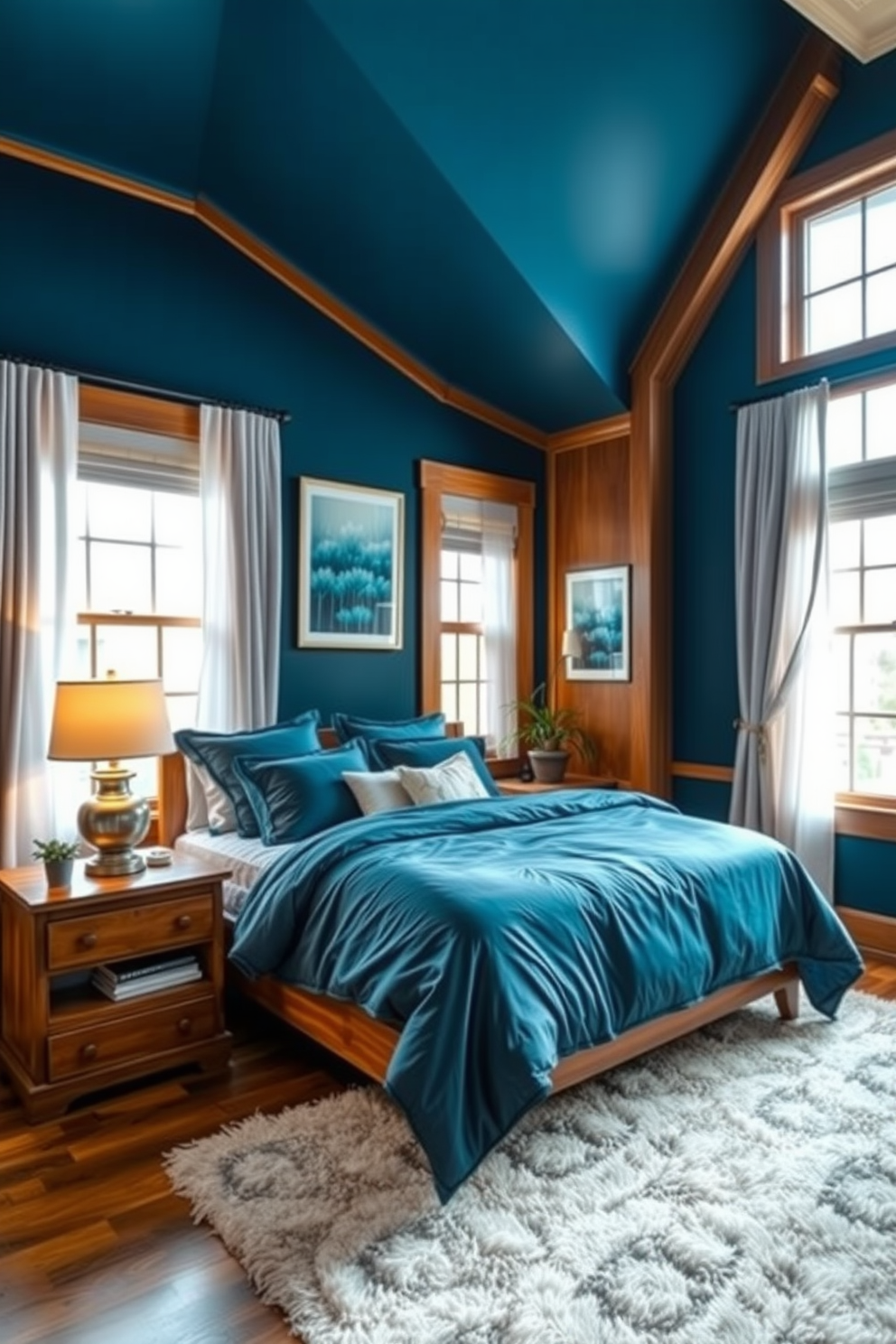 A cozy bedroom setting featuring deep blue walls complemented by rich wooden accents. The bed is dressed in luxurious linens with various shades of blue, and a plush area rug adds warmth to the space. Natural light pours in through large windows adorned with soft, flowing curtains. A wooden nightstand holds a stylish lamp, and artwork with blue hues enhances the tranquil atmosphere.