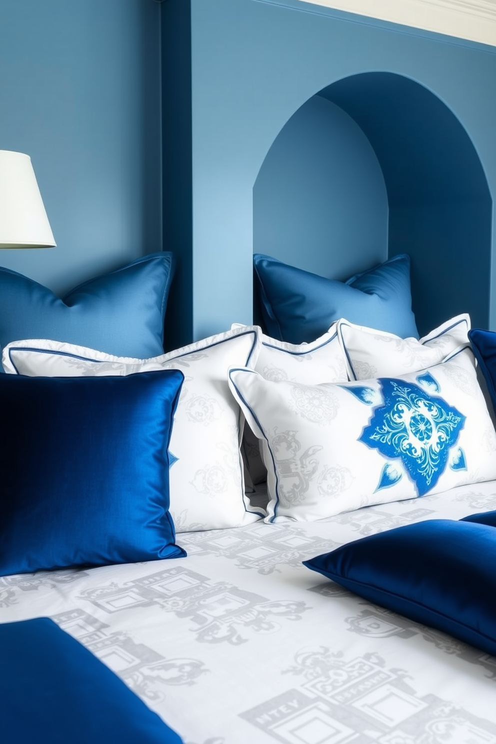 A serene blue bedroom adorned with sapphire blue pillows that add a luxurious touch to the space. The walls are painted in a soft, complementary shade, and the bedding features elegant patterns that enhance the overall aesthetic.