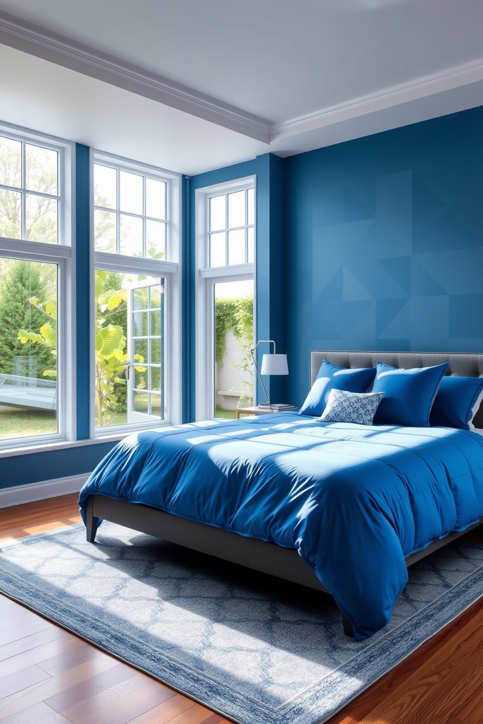 A contemporary blue bedroom featuring geometric patterns on the walls and bedding. The room includes a sleek platform bed with a plush blue duvet and matching pillows, complemented by a modern nightstand with a minimalist lamp. Large windows allow natural light to flood the space, highlighting the bold blue accents throughout. A cozy area rug with subtle geometric designs adds warmth and texture to the hardwood floor.