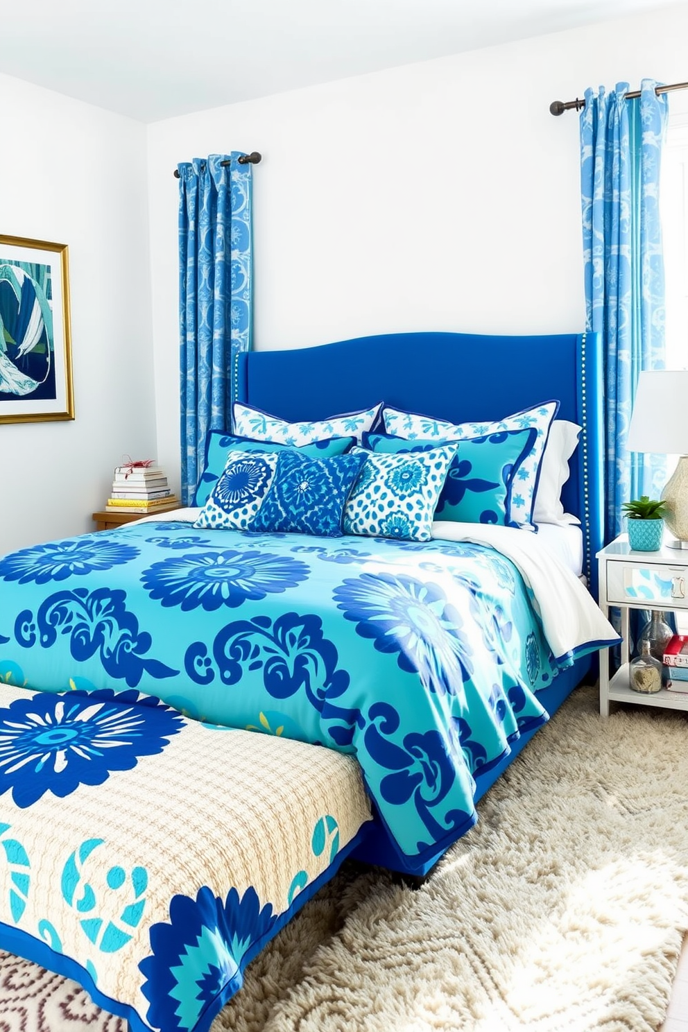 A playful blue bedroom featuring bold blue prints on bed linens that create a vibrant atmosphere. The walls are painted in a soft white to balance the vivid colors, and a plush area rug adds warmth to the space. A stylish headboard upholstered in a coordinating blue fabric complements the bedding. Decorative throw pillows in various shades of blue and patterns enhance the playful theme, while natural light streams in through sheer curtains.