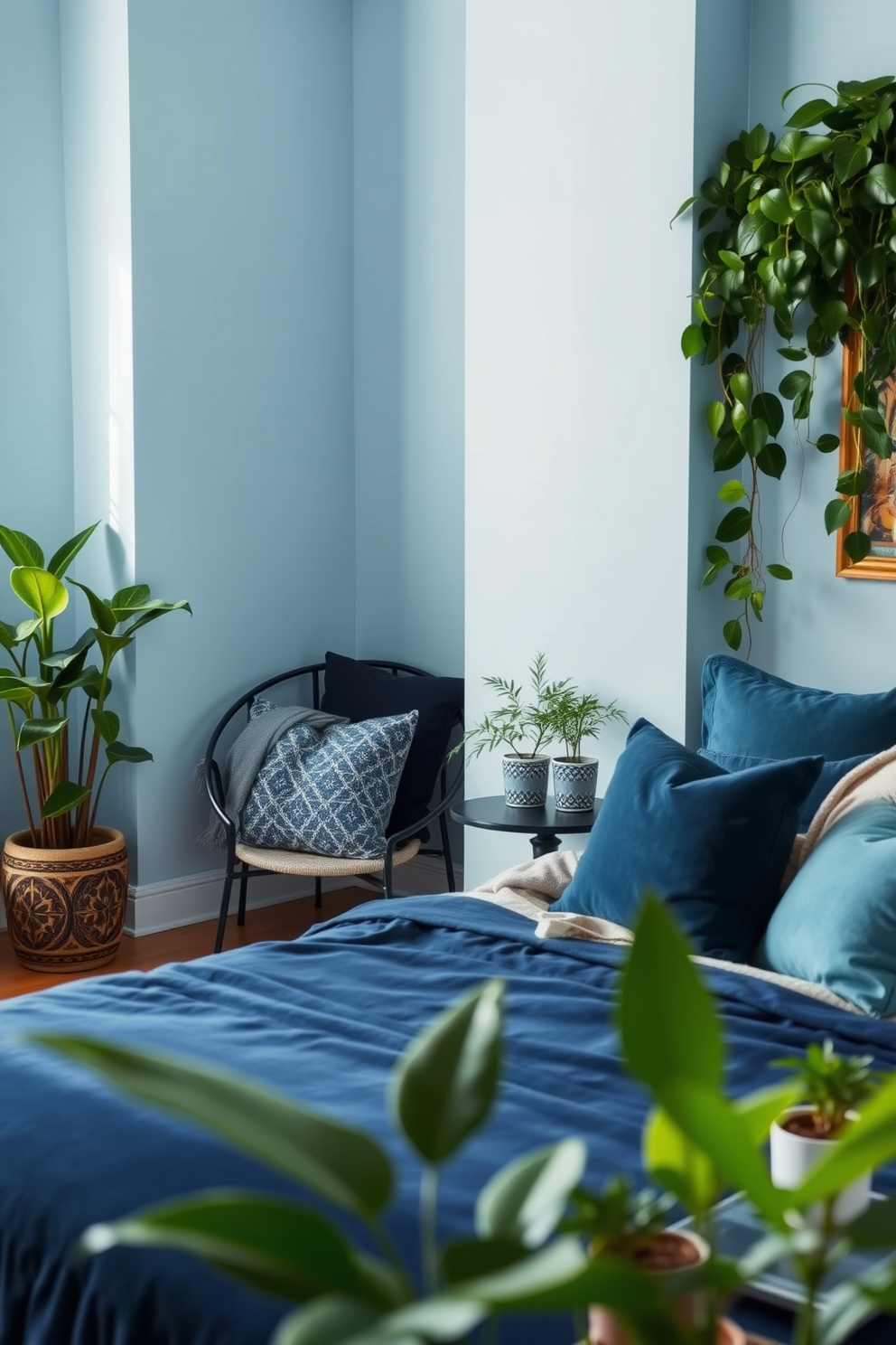 A serene bedroom filled with lush blue plants that bring a natural touch to the space. The walls are painted in a soft blue hue, complemented by a plush navy bedspread and decorative pillows in varying shades of blue. In one corner, a tall leafy plant stands in a decorative pot, adding life to the room. A cozy reading nook features a comfortable chair draped with a soft throw, surrounded by smaller potted plants on a side table.