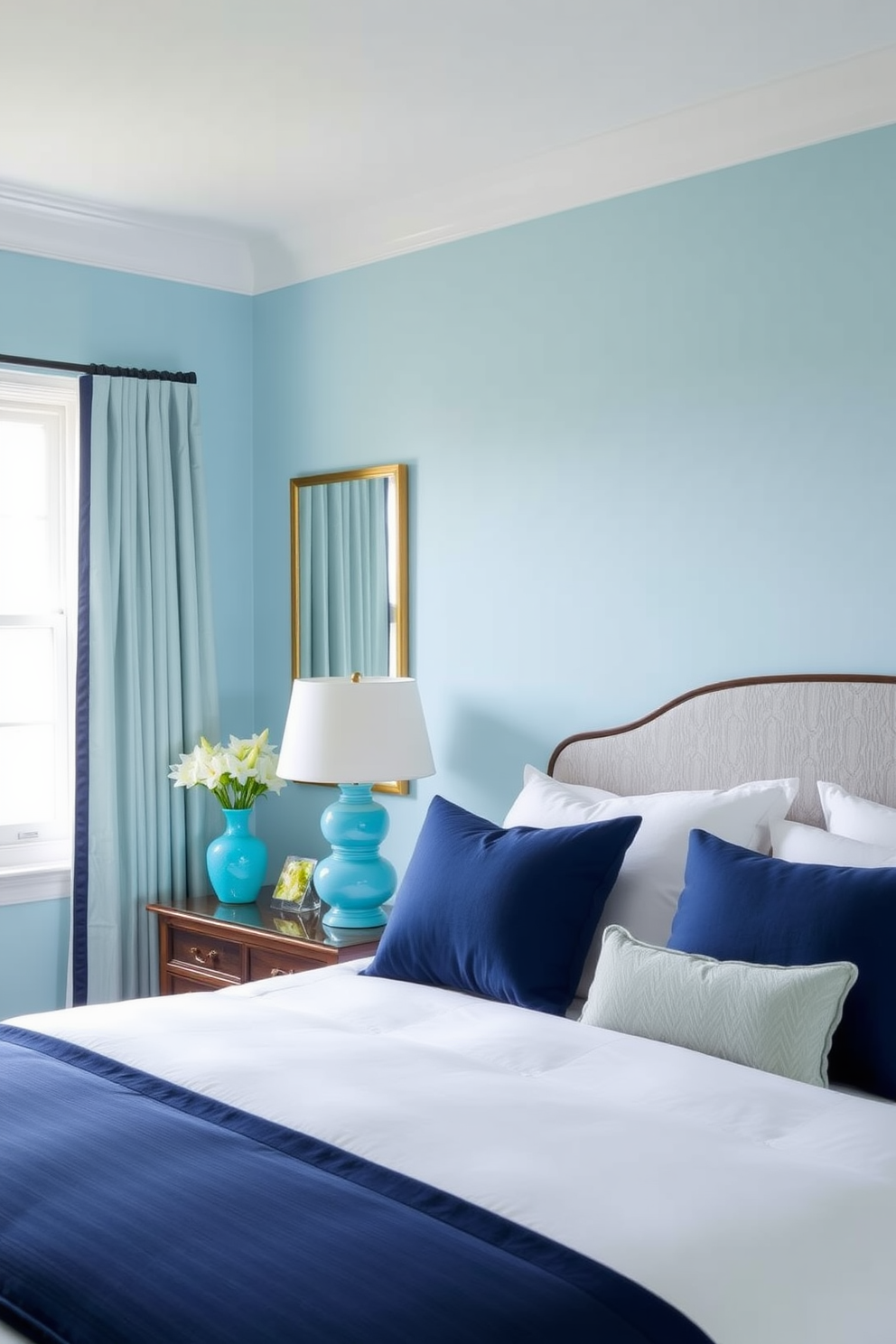 Bright turquoise vases add a lively touch to the serene ambiance of a blue bedroom. The walls are painted in a soft sky blue, complemented by navy accents in the bedding and curtains.