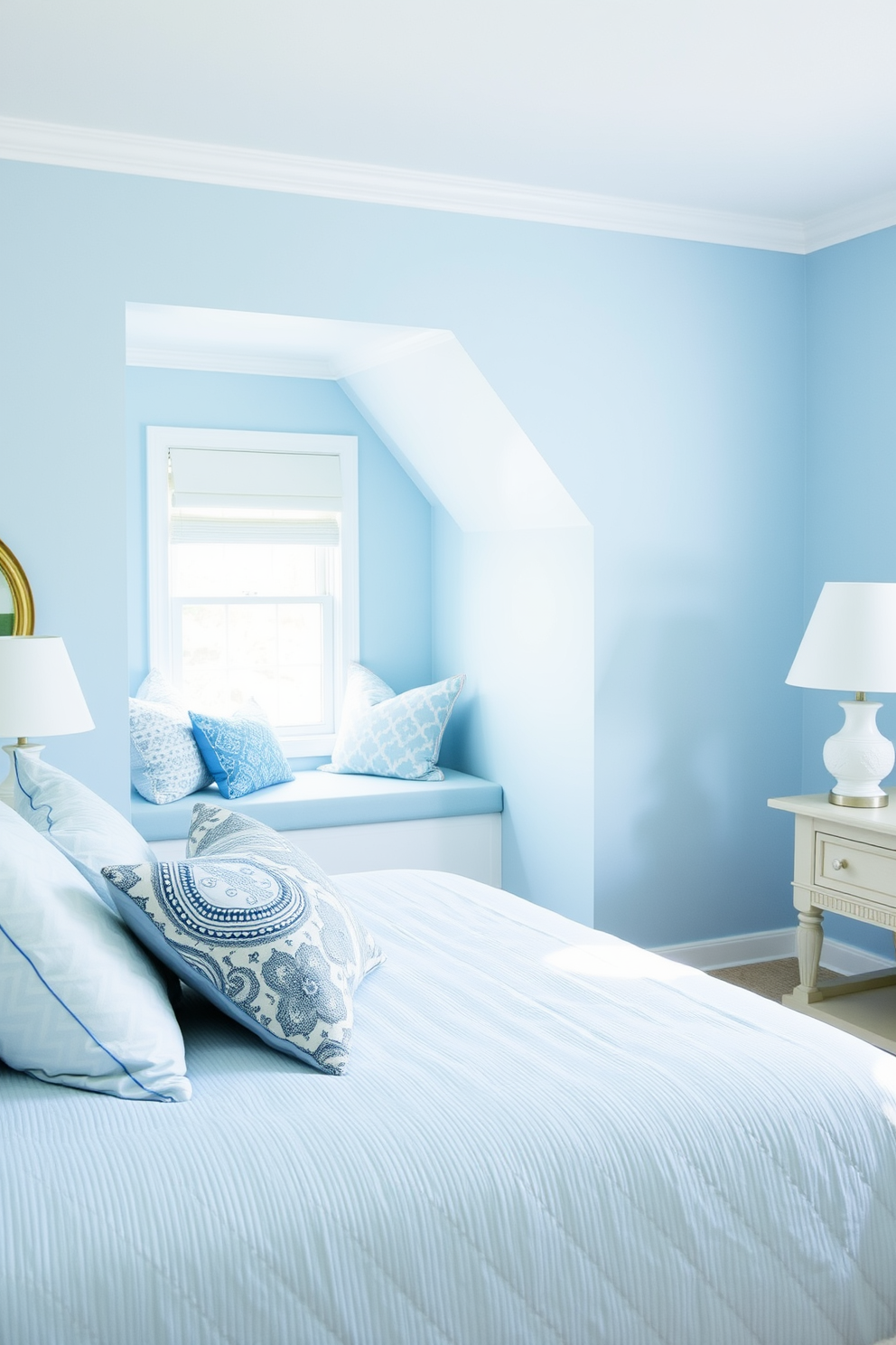 A serene blue bedroom featuring light blue bedding adorned with patterned throw pillows in various shades of blue and white. The walls are painted a soft, calming blue, complemented by light wooden furniture and a cozy reading nook by the window.