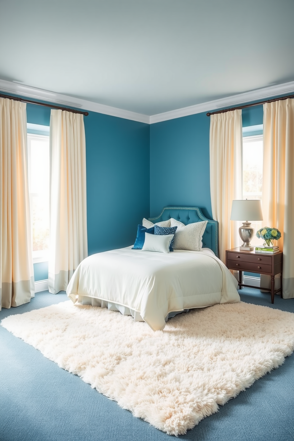 A serene blue bedroom designed with a blue and cream color palette. The walls are painted in a soft blue hue, complemented by cream-colored bedding and curtains that create a calming atmosphere. A plush cream area rug lies beneath a stylish blue upholstered bed, adding warmth and texture to the space. Decorative pillows in varying shades of blue and cream adorn the bed, enhancing the overall tranquility of the room.