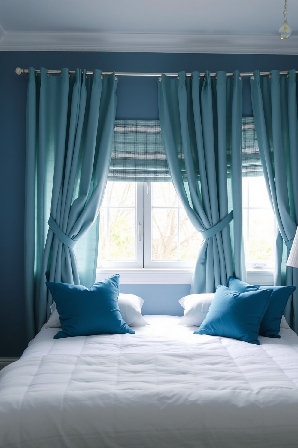 A serene blue bedroom showcasing muted teal curtains that gently frame the windows. The walls are painted in a soft blue hue, complemented by a plush white bedspread and decorative pillows in varying shades of blue and teal.