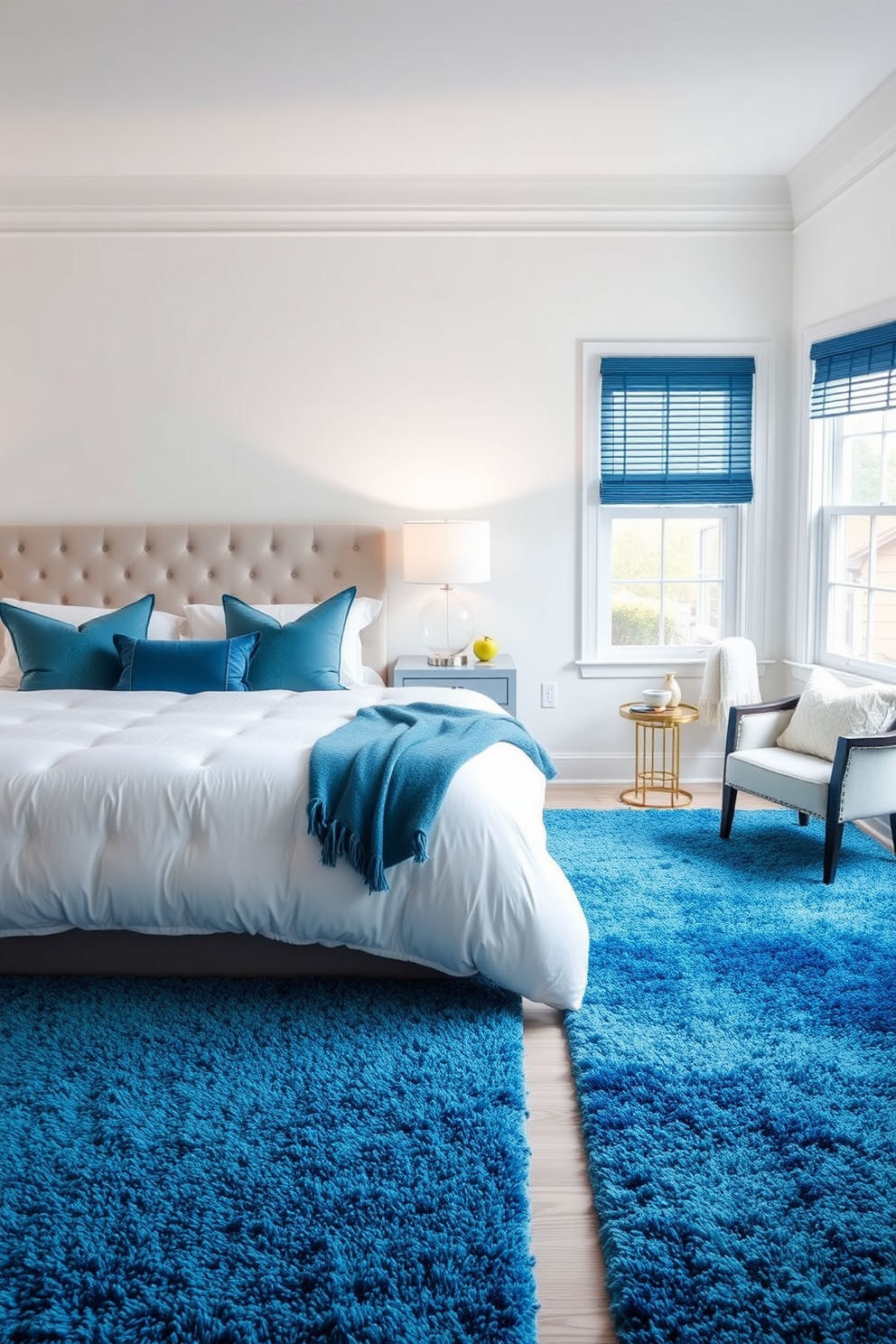 A serene bedroom with ocean blue rugs that add texture to the space. The walls are painted in a soft white hue, complementing the blue tones of the rugs and bedding. Incorporate a plush, oversized bed adorned with fluffy pillows in varying shades of blue. A stylish nightstand with a modern lamp sits on one side, while a cozy reading nook with a comfortable chair is positioned near the window.