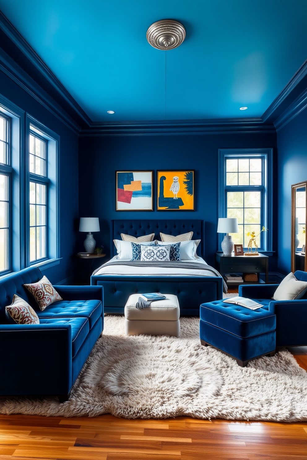 A bold blue bedroom featuring dark blue furniture that creates a striking contrast against the lighter walls. The bed is dressed in luxurious linens, complemented by matching nightstands and a plush area rug that adds warmth to the space. Large windows allow natural light to flood the room, enhancing the vibrant blue tones. Artistic wall decor in contrasting colors adds personality and visual interest to the overall design.