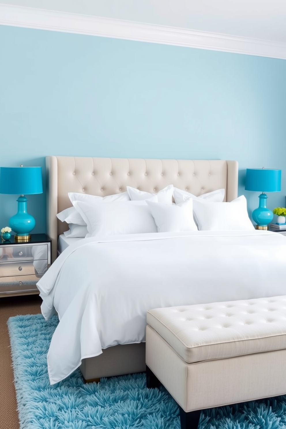 A serene blue bedroom featuring a large upholstered bed with crisp white linens. On either side of the bed, there are turquoise bedside lamps that add a vibrant pop of color to the space. The walls are painted in a soft sky blue, creating a calming atmosphere. A plush area rug in a lighter shade of blue lies beneath the bed, complementing the overall design.