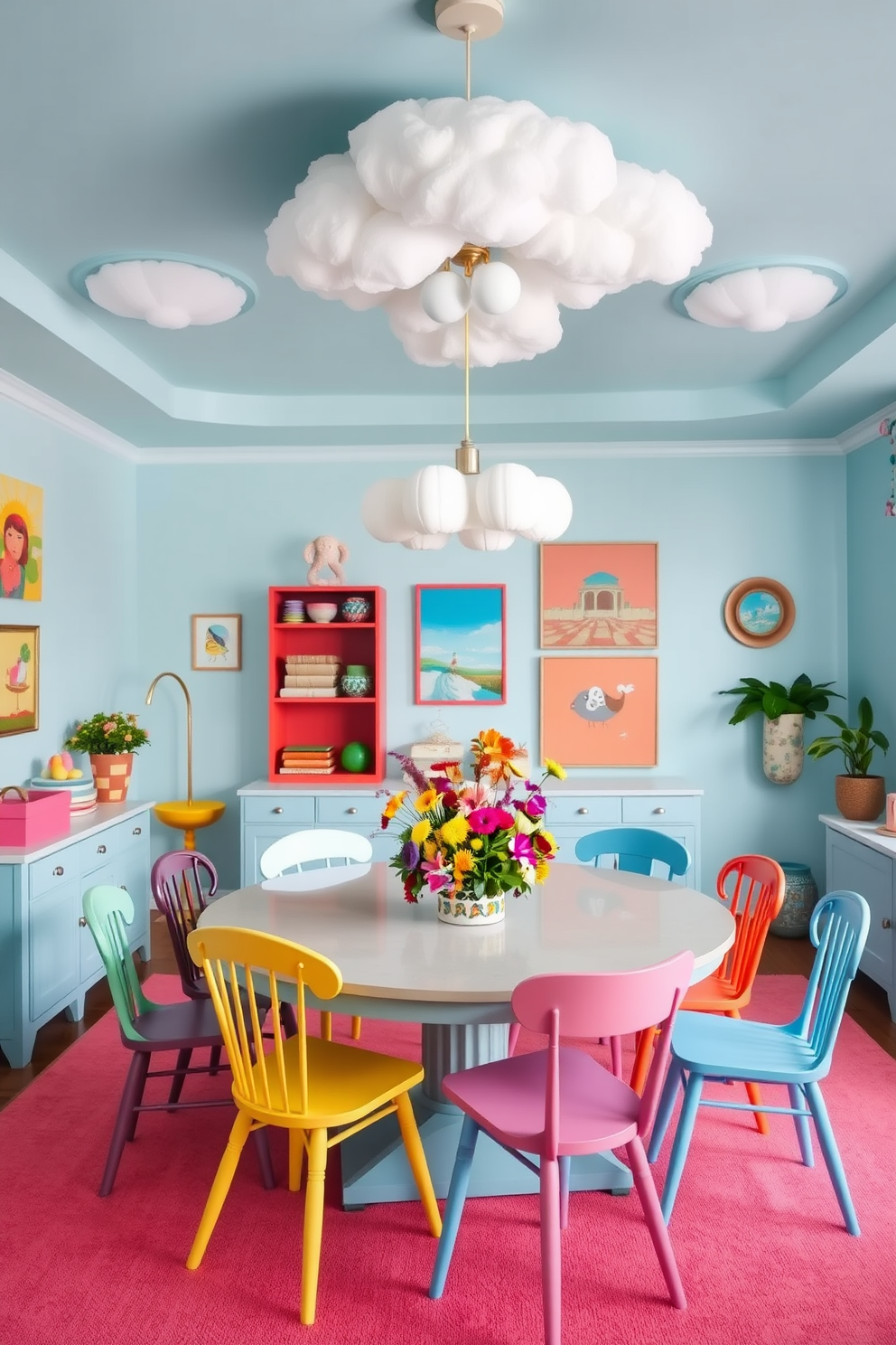 A whimsical sky blue dining room filled with playful decor elements. The walls are painted in a soft sky blue, and the ceiling features unique light fixtures that resemble clouds. A large round dining table sits in the center, surrounded by mismatched chairs in vibrant colors. On the table, a colorful centerpiece made of fresh flowers adds a cheerful touch to the space.