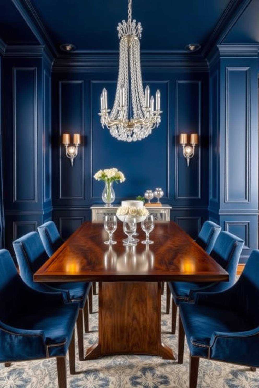 A deep blue dining room filled with elegance and sophistication. The walls are adorned with a rich deep blue hue, complemented by silver metallic accents on the light fixtures and decorative elements. A sleek dining table made of polished wood is set at the center, surrounded by plush upholstered chairs in a matching blue fabric. A stunning silver chandelier hangs above, casting a warm glow over the space and enhancing the luxurious atmosphere.