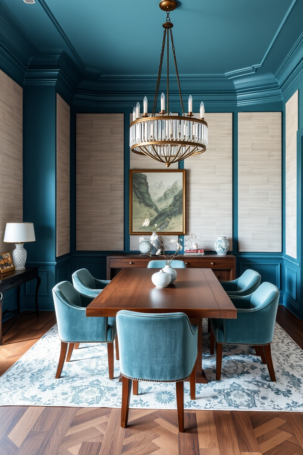 A serene blue dining room infused with muted teal accents. The walls are adorned with textured panels that echo natural elements, creating a warm and inviting atmosphere. A large wooden dining table sits at the center, surrounded by plush upholstered chairs in complementary shades. Soft lighting from a statement chandelier casts a gentle glow over the space, enhancing the earthy tones throughout.