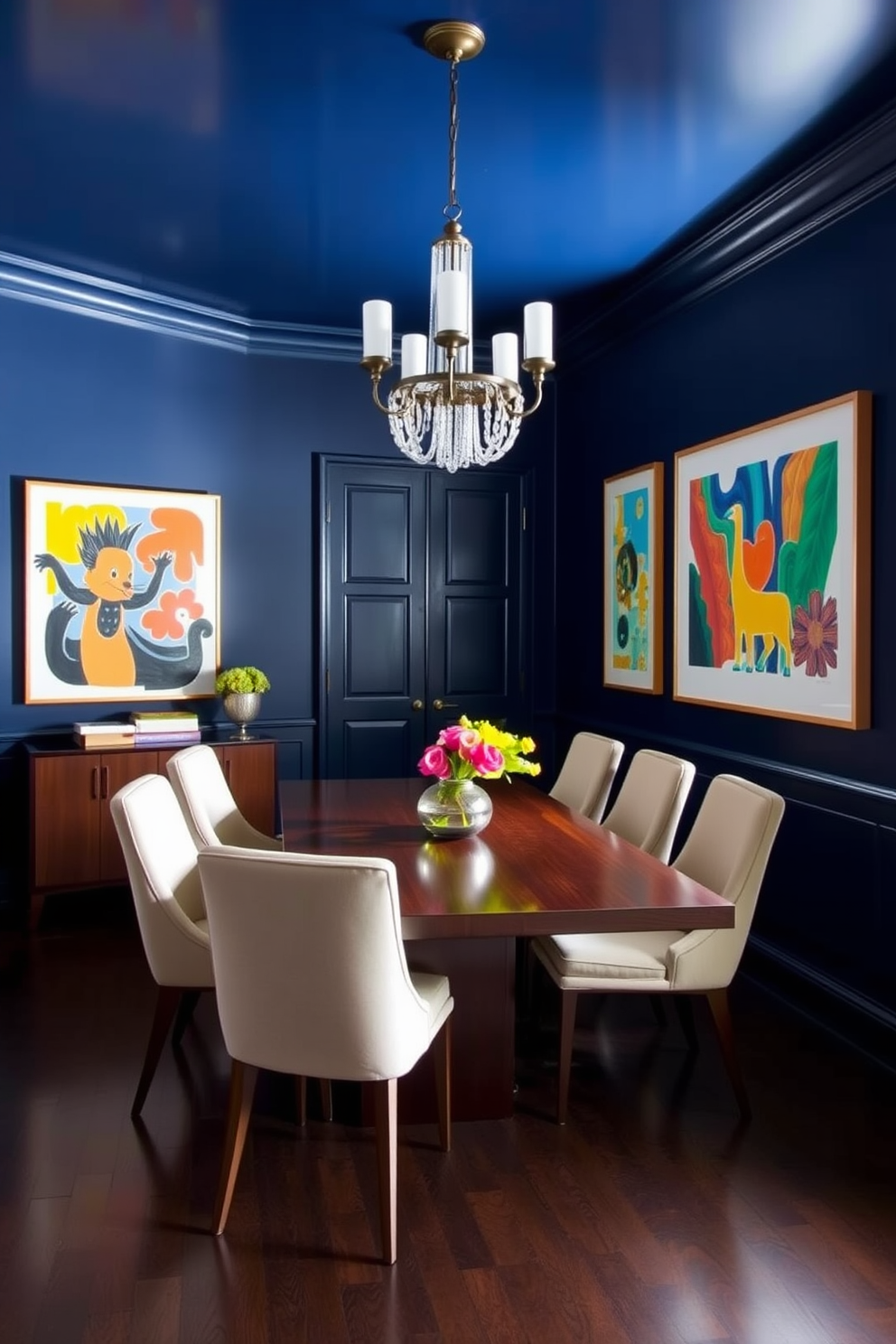 A dining room with dark blue walls that create a dramatic backdrop. The space is adorned with bright, colorful artwork that pops against the deep hue. A sleek wooden dining table is centered in the room, surrounded by modern upholstered chairs. A stylish chandelier hangs above, adding elegance and warmth to the atmosphere.