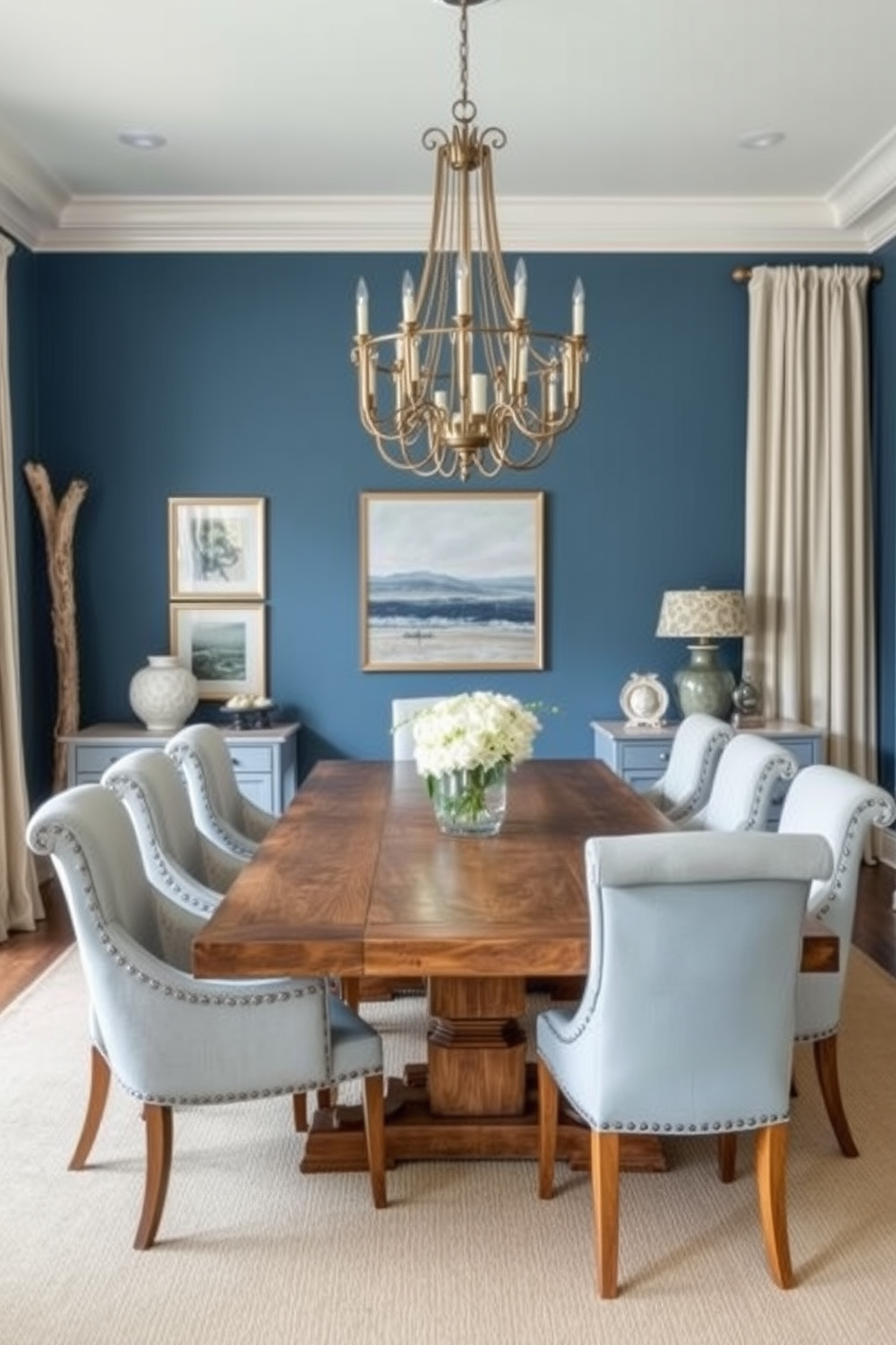 A charming dining room featuring vintage blue china elegantly displayed on open shelves. The walls are painted in a soft cream color, enhancing the warmth of the wooden dining table surrounded by upholstered chairs.