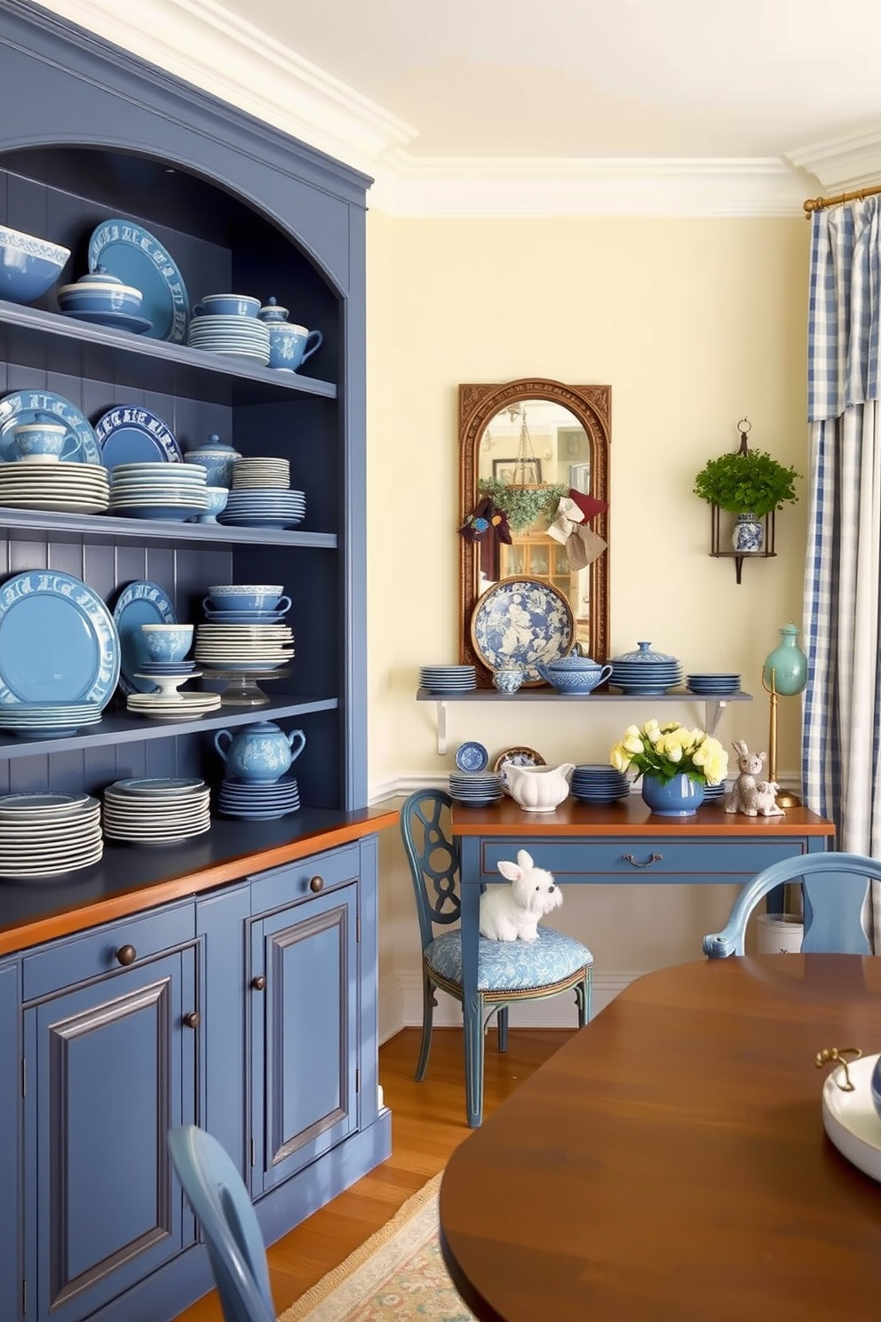 A charming blue dining room featuring vintage blue china elegantly displayed on open shelves. The walls are painted in a soft cream color, creating a warm contrast with the blue accents throughout the space.