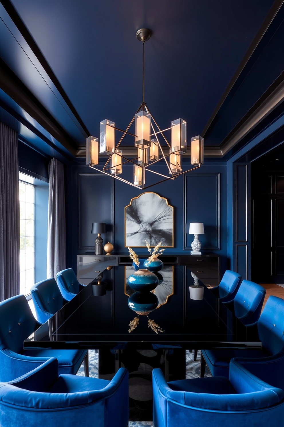 A contemporary dining room featuring a striking blue and black color scheme. The walls are painted a deep navy blue, while the ceiling boasts sleek black accents, creating a bold contrast. A large rectangular dining table with a glossy black finish is centered in the room, surrounded by plush blue upholstered chairs. A modern chandelier with geometric shapes hangs above the table, illuminating the space with a warm glow.