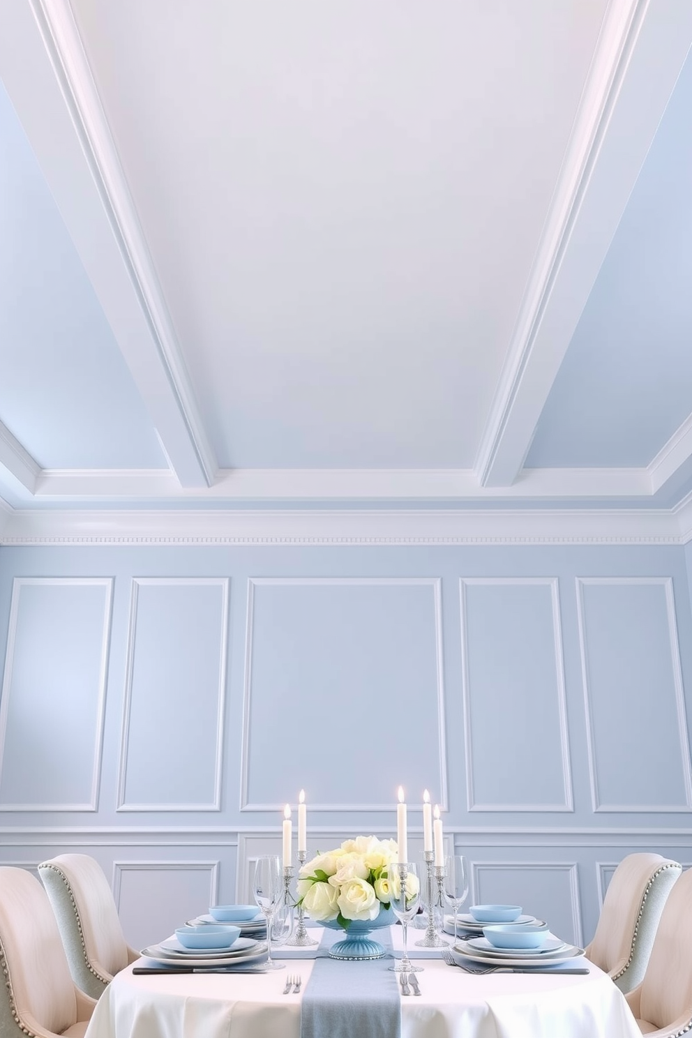 A light blue ceiling with crisp white trim creates an airy and inviting atmosphere. Below, a beautifully set dining table features elegant white tableware and soft blue accents, complemented by plush upholstered chairs.