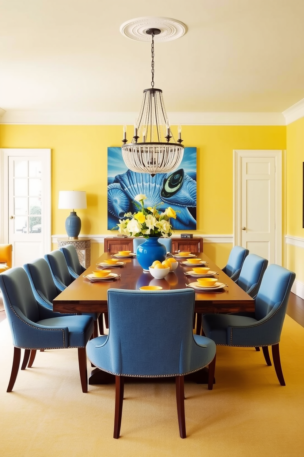 A stylish dining room featuring a large wooden table surrounded by upholstered chairs in shades of blue. The walls are painted a soft yellow, creating a vibrant contrast with blue and yellow color pop accents throughout the space. A statement light fixture hangs above the table, adding elegance to the room. Decorative elements such as a blue vase with fresh flowers and yellow tableware enhance the cheerful atmosphere.