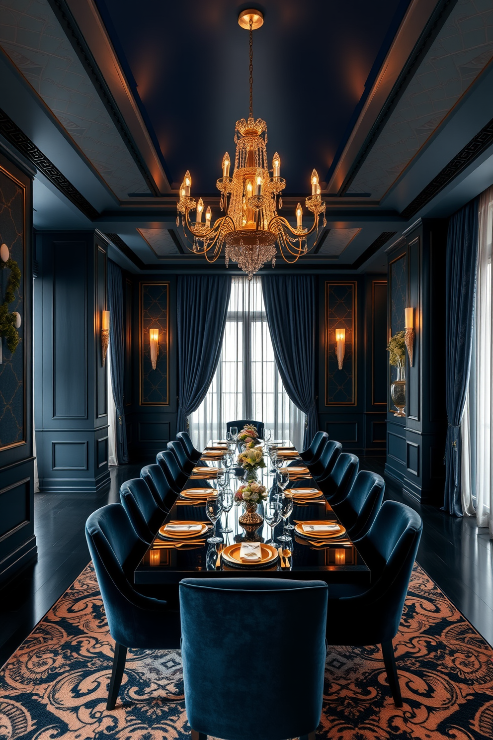 A luxurious dining room featuring art deco elements with rich navy blue tones. The walls are adorned with geometric patterns, complemented by a stunning chandelier that casts a warm glow over the space. A long, elegant dining table is set with gold-accented dinnerware and plush velvet chairs in a deep navy hue. Floor-to-ceiling windows draped with sheer curtains allow natural light to filter in, enhancing the sophisticated atmosphere.