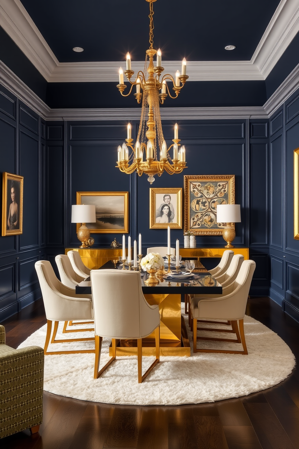 A stunning dining room featuring elegant navy blue walls complemented by gold accents throughout the space. The room includes a large rectangular dining table with a polished gold base and plush upholstered chairs in a rich cream fabric. A striking chandelier with gold detailing hangs above the table, casting a warm glow over the setting. Decorative wall art in gold frames enhances the luxurious atmosphere, while a plush area rug in neutral tones anchors the room.