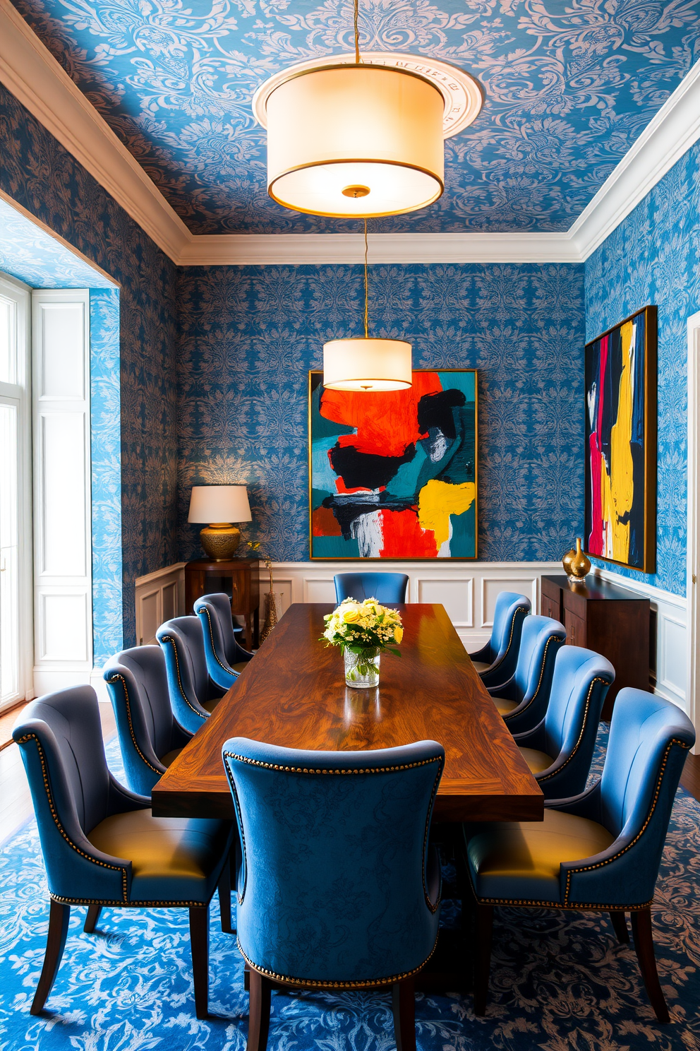 A stunning dining room featuring blue wallpaper adorned with intricate patterns that add depth and elegance to the space. A long wooden dining table is centered in the room, surrounded by plush upholstered chairs in complementary shades of blue and gold. Soft lighting fixtures hang above the table, casting a warm glow that enhances the room's inviting atmosphere. A large piece of artwork with bold colors is displayed on one wall, creating a striking focal point against the patterned wallpaper.