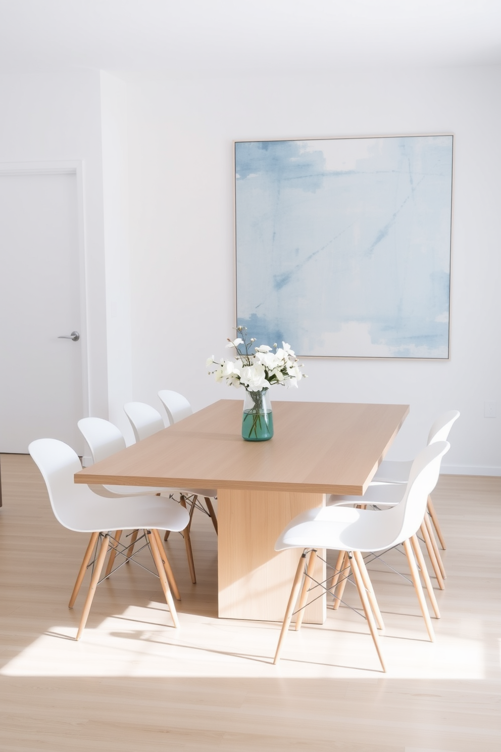 A minimalist dining room features a sleek rectangular table made of light wood surrounded by simple white chairs. Soft blue accents are introduced through a large abstract painting on the wall and a delicate blue vase holding fresh flowers on the table.