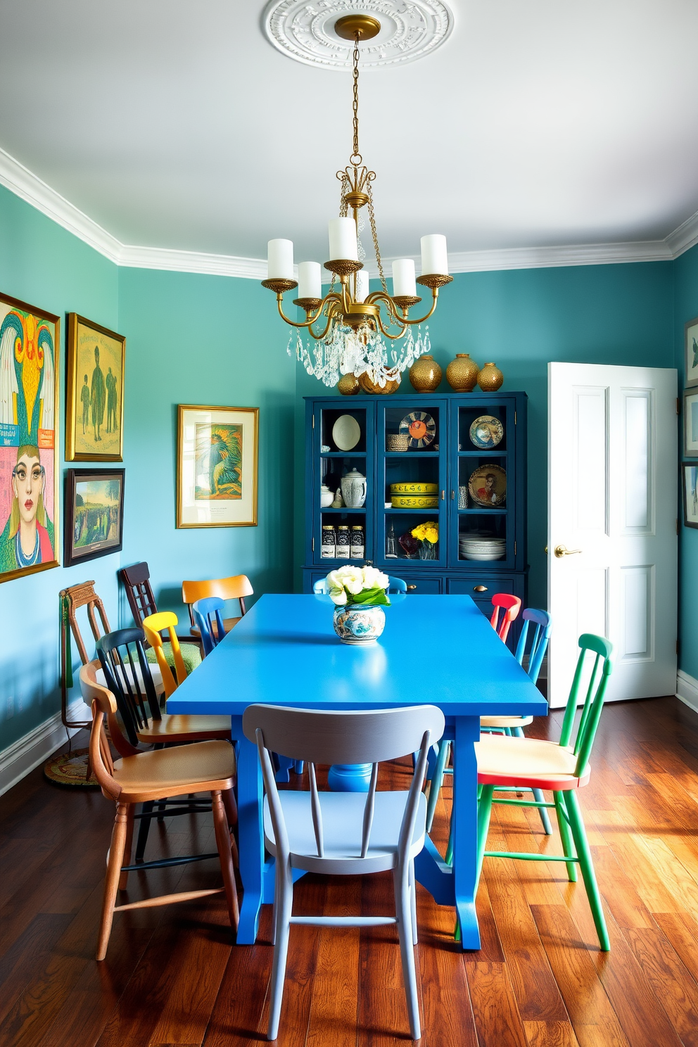 A bright blue dining table takes center stage in a lively dining room, surrounded by an eclectic mix of mismatched chairs in various colors and styles. The walls are adorned with vibrant artwork, and a stylish chandelier hangs above, casting a warm glow over the inviting space.