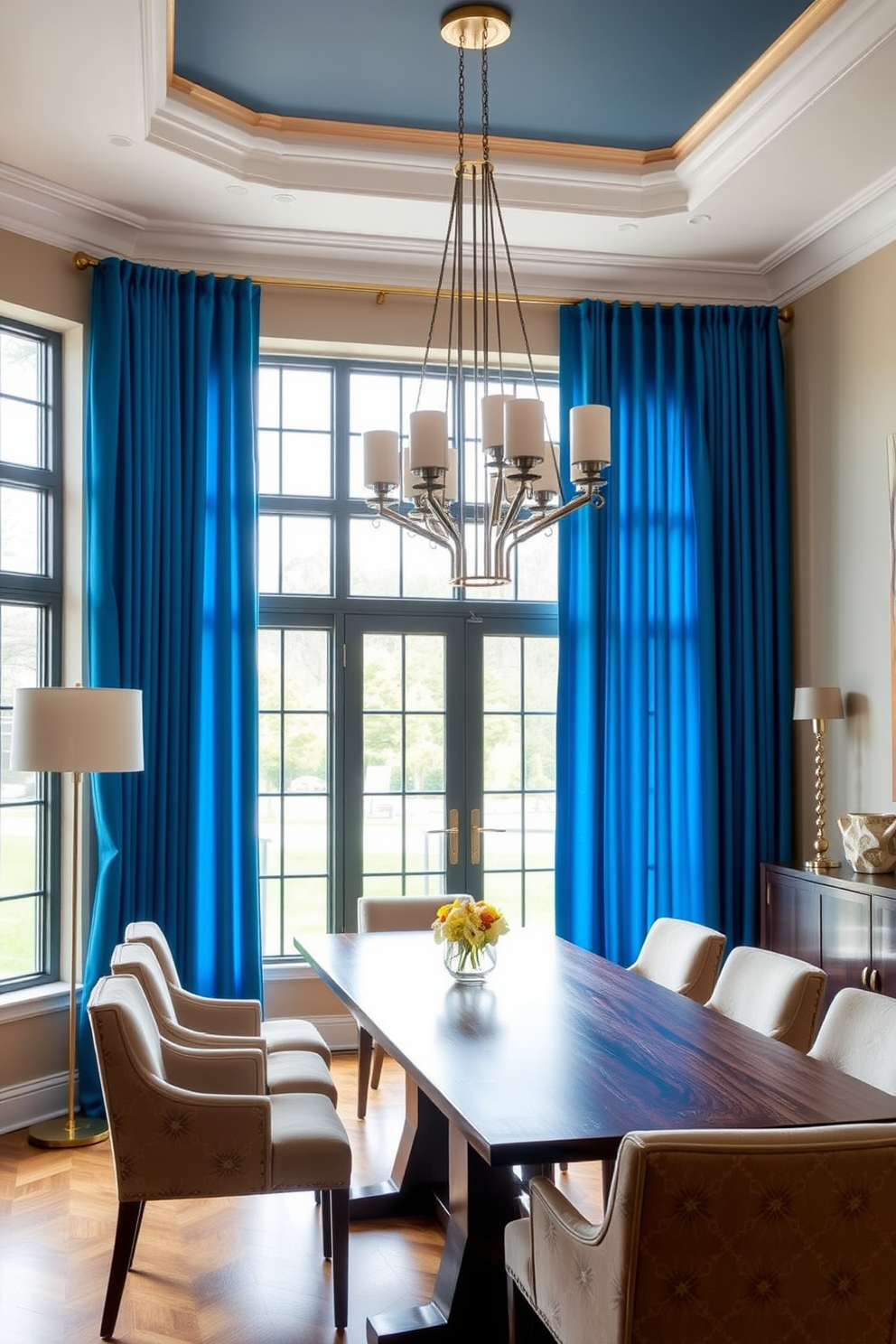 A stylish dining room featuring bold blue curtains that elegantly frame large windows allowing natural light to fill the space. The room is adorned with a sleek wooden dining table surrounded by upholstered chairs, creating a warm and inviting atmosphere.