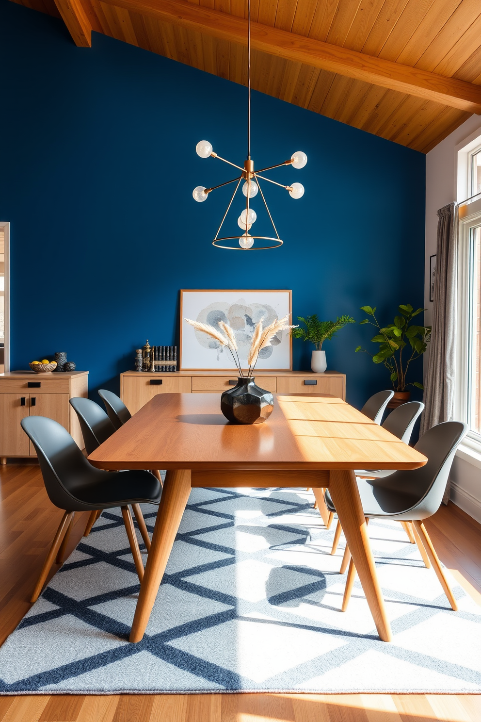 A mid-century modern dining room featuring a striking blue accent wall that complements the warm wooden dining table. Surrounding the table are sleek, minimalist chairs with wooden legs, creating a harmonious blend of blue and wood tones. Natural light floods the space through large windows, highlighting the unique geometric patterns of the area rug beneath the table. Decorative elements include a bold centerpiece and stylish pendant lighting that adds a touch of sophistication to the overall design.