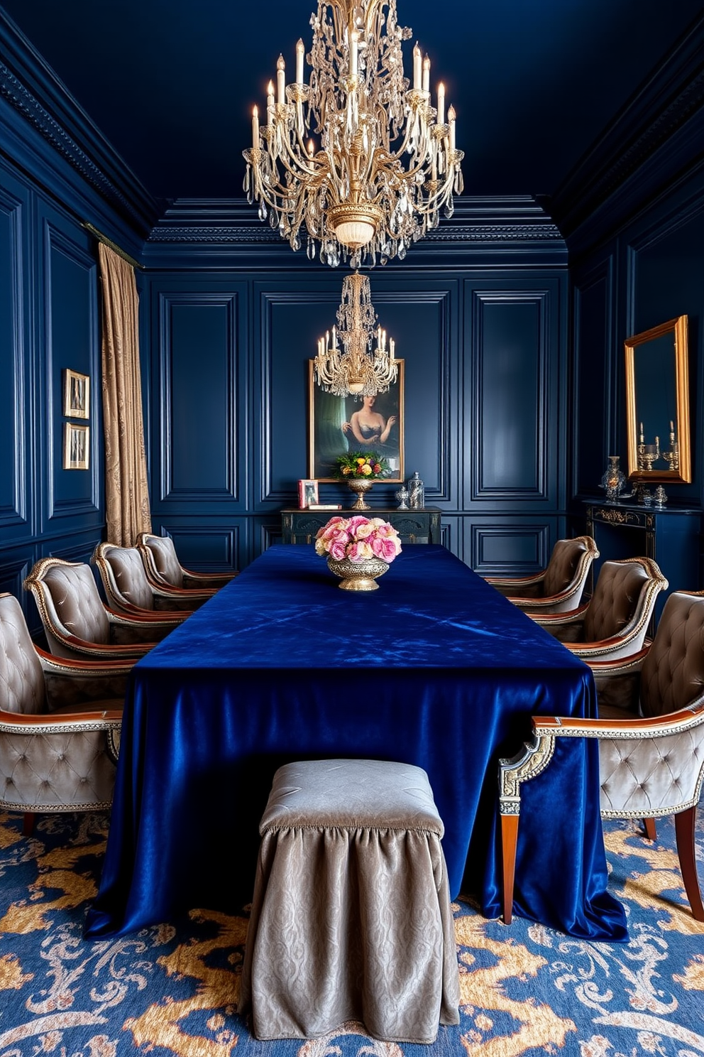 A luxurious dining room adorned in deep indigo hues features a grand rectangular table draped with a sumptuous velvet tablecloth. Surrounding the table are elegant upholstered chairs in complementary rich fabrics, enhancing the opulent atmosphere. The walls are painted in a bold indigo shade, creating a striking backdrop for the room. Crystal chandeliers hang from the ceiling, casting a warm glow over the space and accentuating the rich textures throughout.