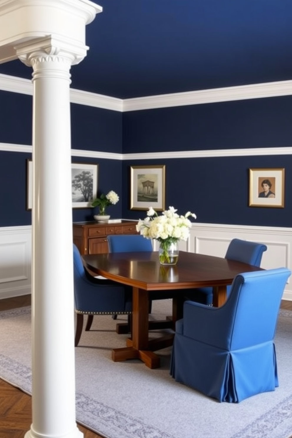 A stunning dining room featuring a light blue color palette with elegant pendant lights hanging from the ceiling. The room is adorned with a long wooden dining table surrounded by plush upholstered chairs, creating a cozy yet sophisticated atmosphere.