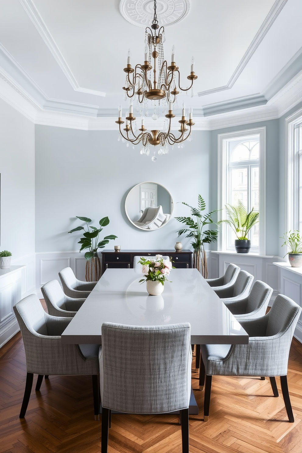 A calming pale blue dining room features a large rectangular table surrounded by upholstered chairs in a soft gray fabric. A statement chandelier hangs above the table, while potted greenery accents are placed on the table and window sills to enhance the serene atmosphere.