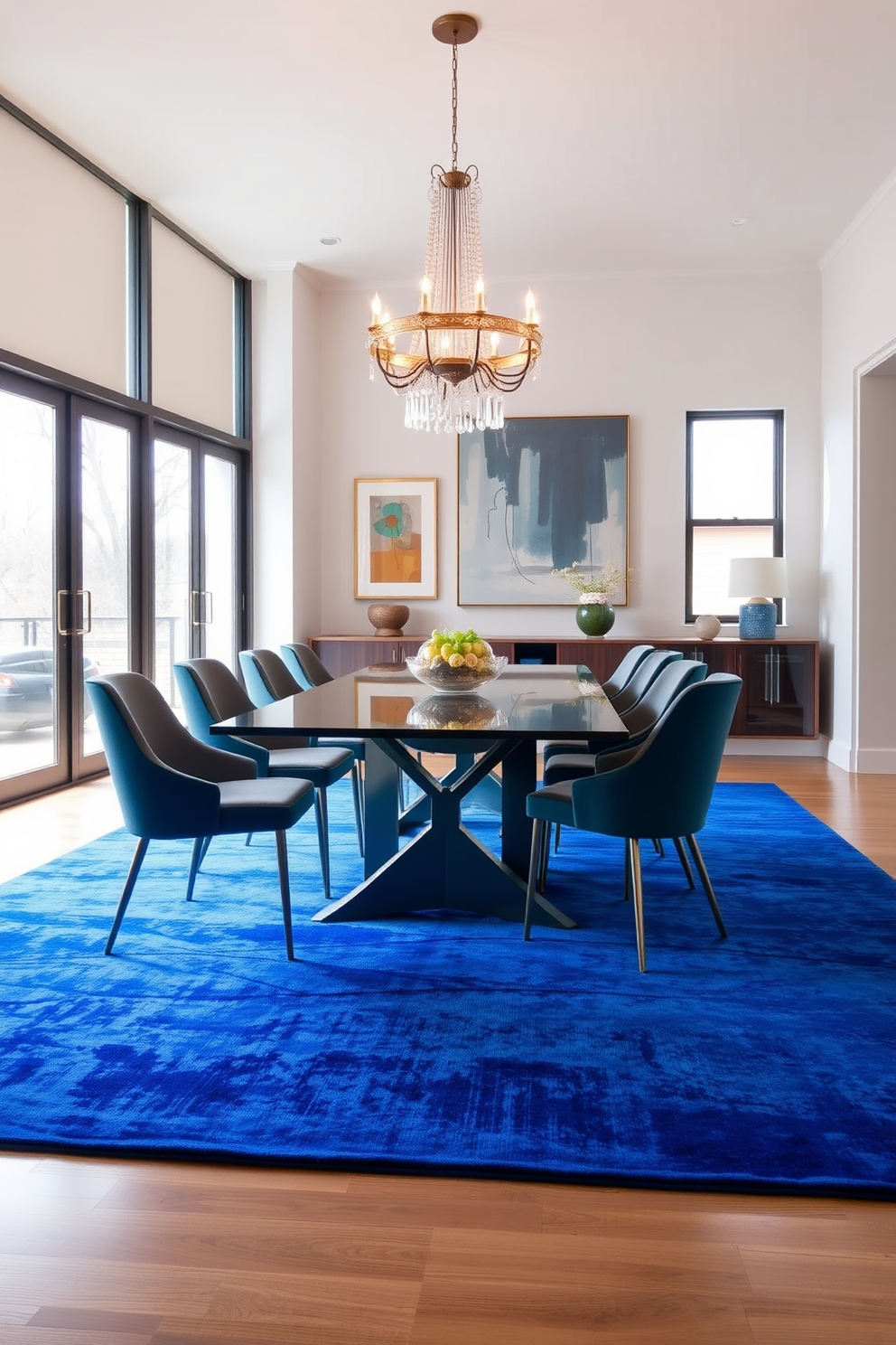 A vibrant blue rug lies elegantly under a sleek dining table, adding a pop of color to the space. Surrounding the table are stylish chairs upholstered in complementary tones, creating a cohesive and inviting atmosphere. The walls are adorned with tasteful artwork that enhances the room's aesthetic, while large windows allow natural light to flood in. A statement chandelier hangs above the table, casting a warm glow and accentuating the room's modern design.