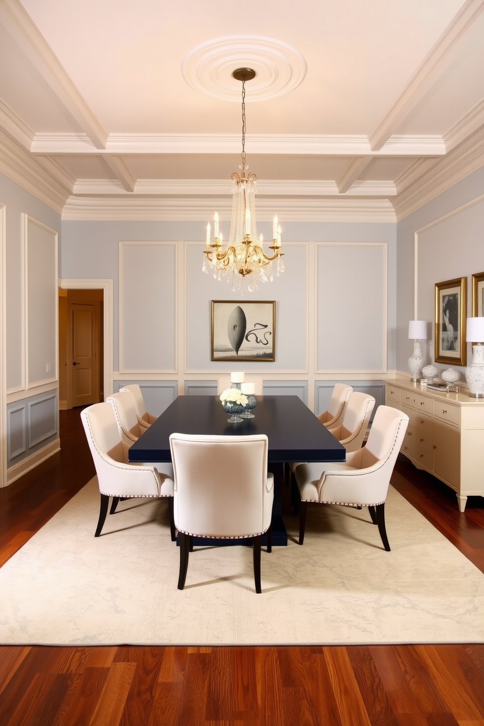 A sophisticated dining room setting featuring a blue and cream color palette. The walls are painted in a soft cream, while the ceiling showcases elegant crown molding in a matching hue. A large rectangular dining table in a deep navy blue is surrounded by plush cream upholstered chairs. A stunning chandelier with crystal accents hangs above the table, casting a warm glow across the room. On the side, a sleek sideboard in a cream finish complements the color scheme, adorned with decorative vases and a few carefully chosen art pieces. The flooring is a rich hardwood, adding warmth and contrast to the overall design.